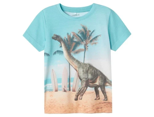 Kortærmet T-shirt med print af en dinosaurus på stranden med surf boards 13243296 cockatoo